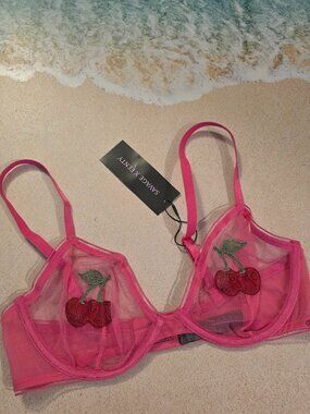 Savage X Fenty Hot Pink Mesh Bra with Cherry Appliqué